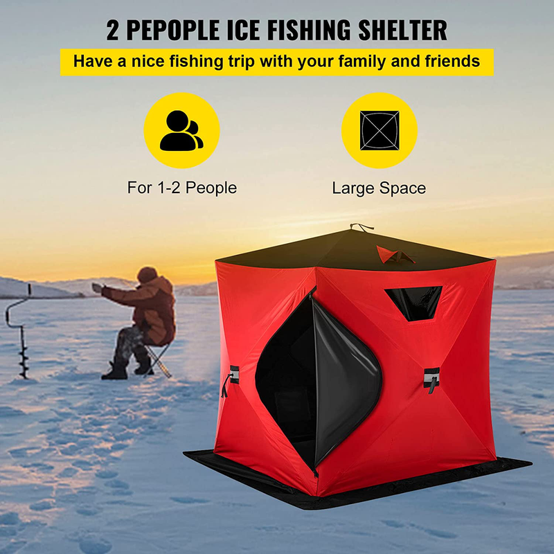 VEVOR 2 Person Ice Fishing Shelter, 300D Oxford Fabric Waterproof Ice Fishing Tent, Pop-Up Portable Isulated Ice Fishing Shelter (RED)