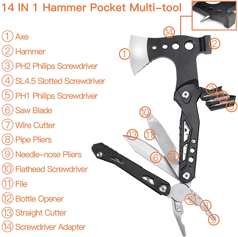 GRESOU Multitool Axe Hammer, 14 in 1 Camping Survival Gear and Equipment, Multitool Hatchet with Saw Screwdrivers Pliers Bottle Opener, Camping Accessories Gifts for Men Outdoor Hiking Hunting