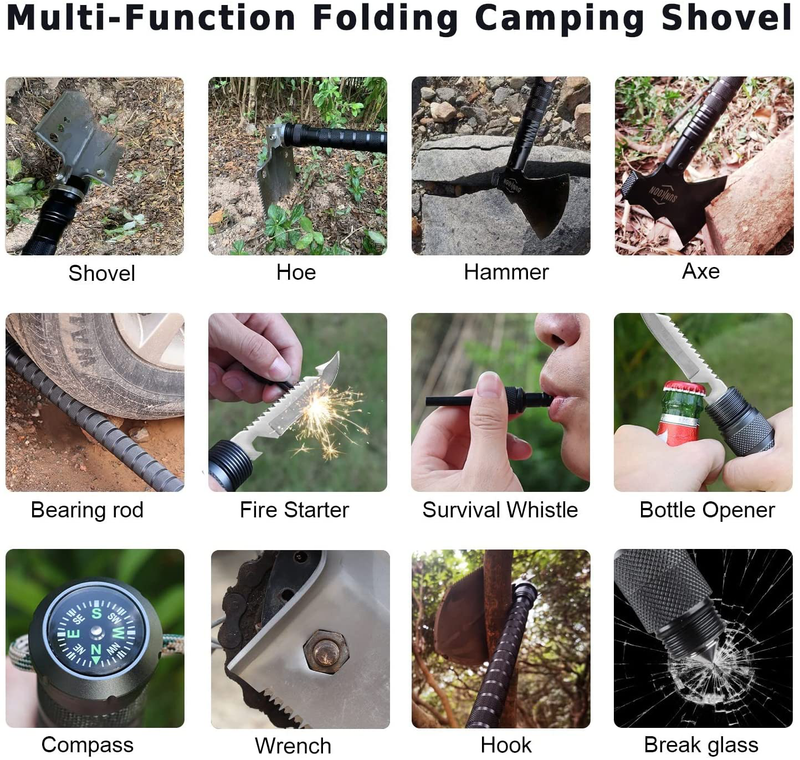 Sunkoon Survival Shovel Survival Axe, Camping Folding Shovels Hatchet with 19.2-37.8Inch Lengthened Handle Enlarged Shovelhead High Carbon Steel with Storage Pouch for Camping Cycling Hiking
