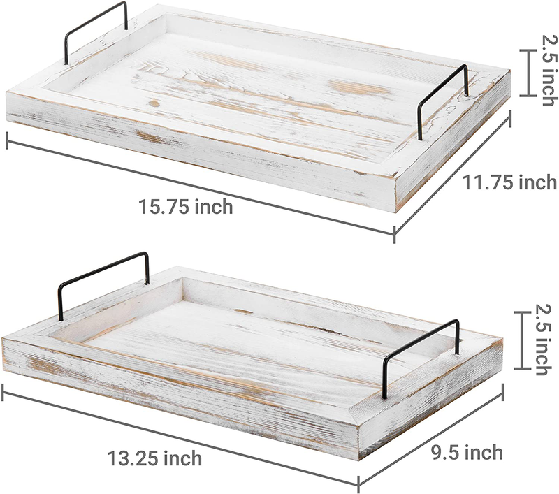 MyGift Shabby Whitewashed Wood Nesting Serving Trays w/Metal Handles, Set of 2