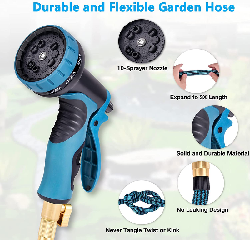 Toolasin Expandable Garden Hose 50ft with 10 Function Spray Nozzle, Leakproof Flexible Water Hose Design with Solid Brass Connectors, Retractable Hose Expands 3 Times, Easy Storage and Usage