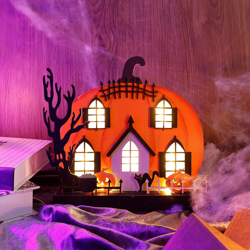 Lulu Home Halloween Tabletop Decoration, Wooden Lighted Pumpkin House Decoration Ornaments, Battery Operated Halloween Sign Indoor Fireplace Desk Kitchen Table Ornament, 9 x 9 x 2.1 INCH