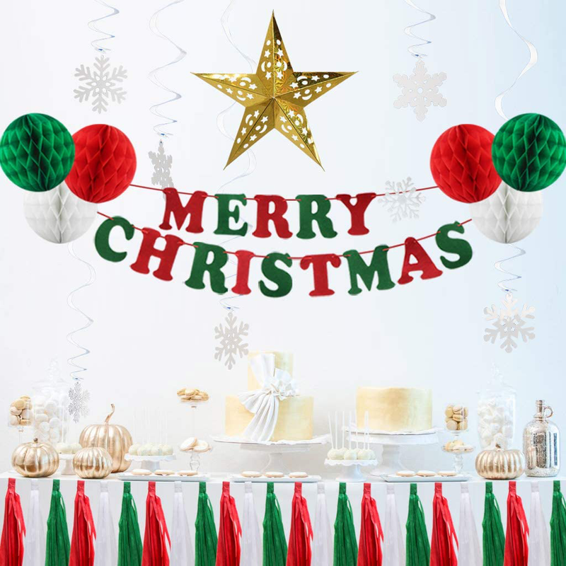Christmas Party Decorations, Merry Christmas Banner, Snowflake Hanging Swirls, Paper Honeycomb Balls, Hollow Star Lantern, Tissue Tassel Garland Anniversary Birthday New Year Party Supplies