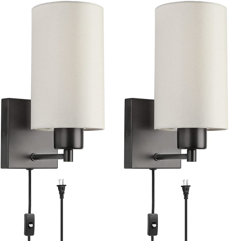 KOONTING Plug in Wall Sconce Set of 2, Beige Fabric Shade Wall Lamp with Plug in Cord and On/Off Toggle Switch, Morden Wall Light Fixture for Headboard Bedroom Living Room (Beige)