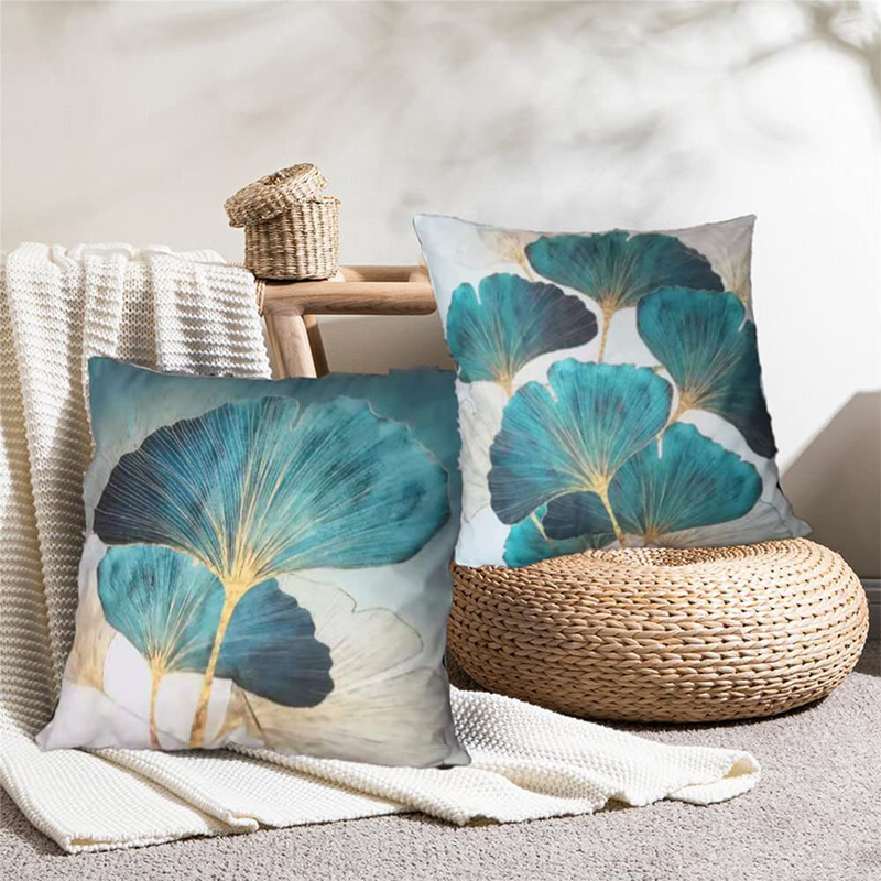 Throw Pillow Cover Plant Leaves - 18 X 18 Inch Teal Gold Pillow Cushion Cover - Set of 2 Square Hidden Zipper Cushion Case, Great for Sofa, Bedroom, Yard, Living Room Decor (Teal and Gold, 18"X18")