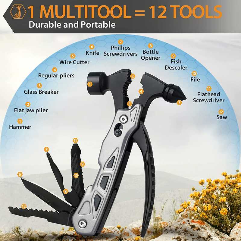 Hammer Multitool Gifts for Men Women Stocking Stuffers Christmas, Survival Gear and Equipment 12 in 1 Car Emergency Escape Tool, Pocket Cool Gadgets for Camping Accessories Fishing Hiking Household