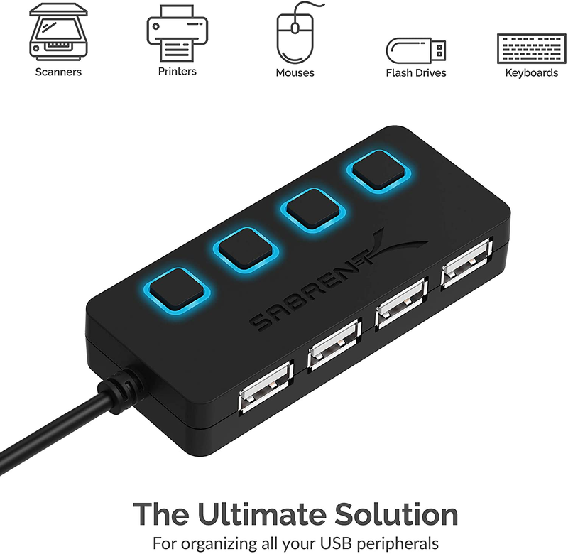 Sabrent 4-Port USB 2.0 Data Hub with Individual LED Lit Power Switches [Charging NOT Supported] for Mac & PC (HB-UMLS)