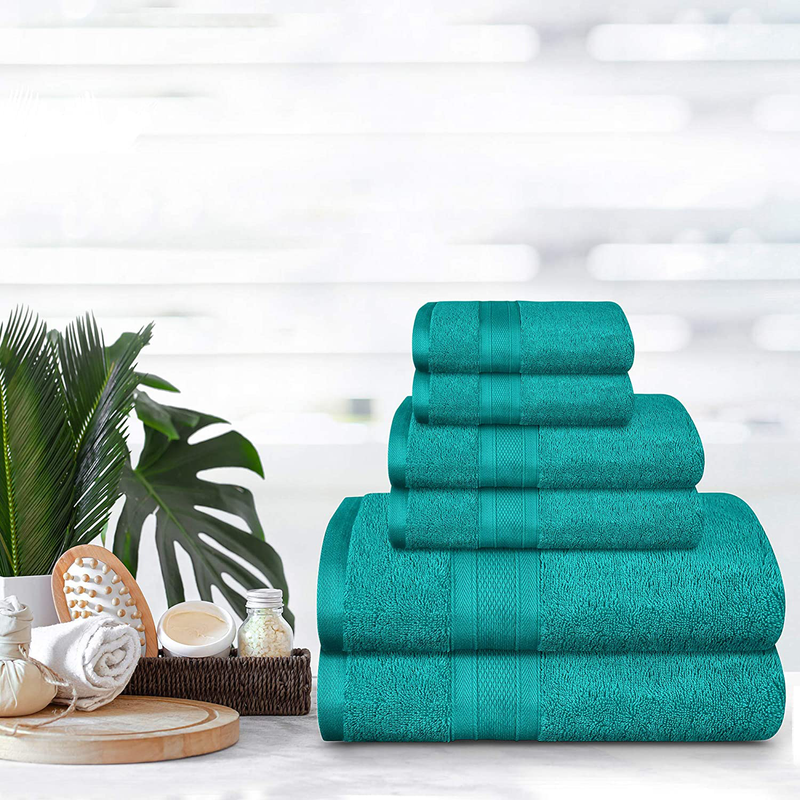 TRIDENT Soft and Plush, 100% Cotton, Highly Absorbent, Bathroom Towels, Super Soft, 6 Piece Towel Set (2 Bath Towels, 2 Hand Towels, 2 Washcloths), 500 GSM, Teal