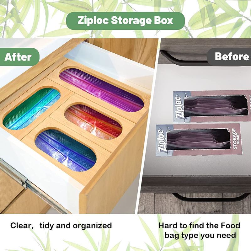 Set of 5 Bamboo Ziplock Bag Storage Organizer for Kitchen Drawer Organization,Food Storage Bag Holders Suitable for Gallon,Quart,Sandwich,Snack,Zipper,Slider,Freezer Bags Variety Size Bags