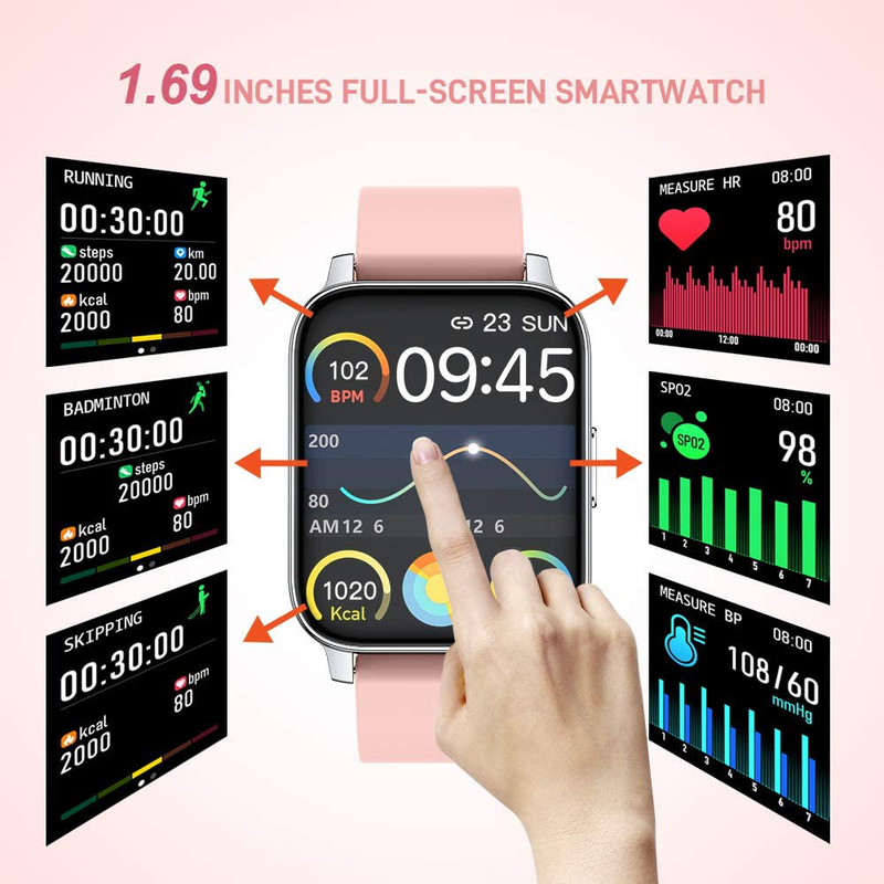 Smart Watch for Women 1.69" Touch Screen Fitness Tracker Watch IP67 Waterproof Smartwatch with Heart Rate and Sleep Monitor, Step Counter Sport Running Watch for Android and iOS(Pink)
