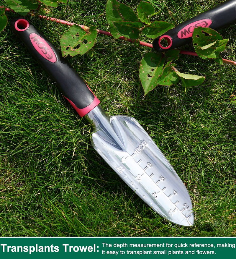 ESOW Garden Tool Set, 3 Piece Cast-Aluminum Heavy Duty Gardening Kit Includes Hand Trowel, Transplant Trowel and Cultivator Hand Rake with Soft Rubberized Non-Slip Ergonomic Handle, Garden Gifts