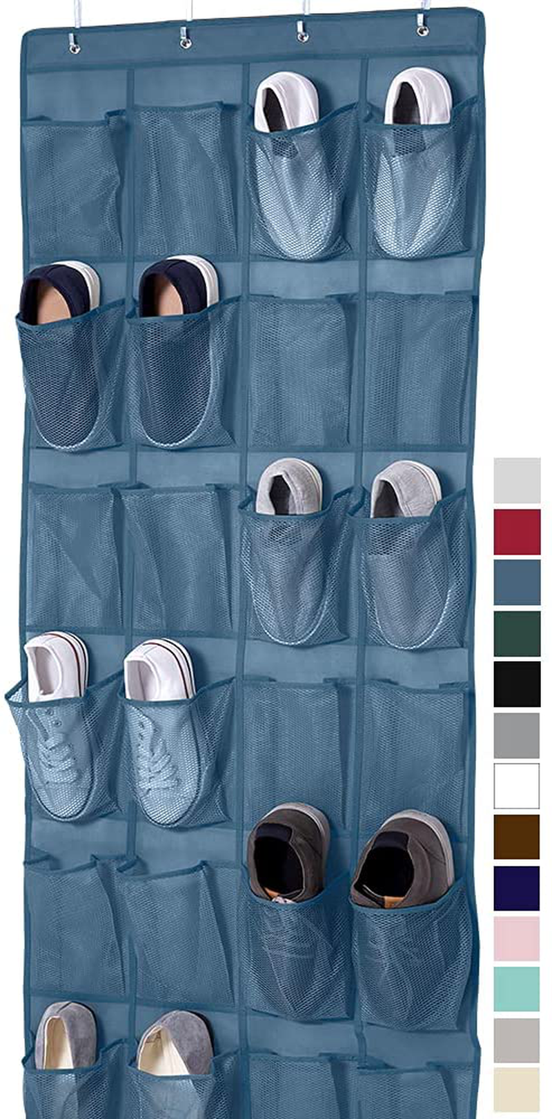 Gorilla Grip Large 24 Pocket Shoe Organizer, Breathable Mesh, Holds up to 40 Pounds, Sturdy Hooks, Space Saving, over Door, Storage Rack Hangs on Closets for Shoes, Sneakers or Home Accessories, Blue