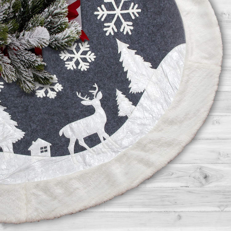 Christmas Tree Skirt , Fur Rustic White Xmas Tree Skirt,Snowy Christmas Trees Mat Decorations Indoors,Deer and Snowflake Pattern (48 inches, White Deer)