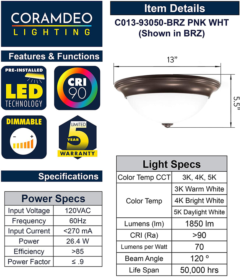 CORAMDEO 13 Inch LED Decorative Flush Mount Ceiling Fixture, Color Select Switch, Built in LED Gives 175W of Light from 26.4W of Power, 1850 Lumen, Dimmable, Bronze Finish with Frosted Glass