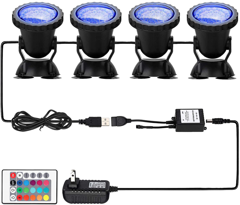 Pond Light 36 LED 100% Waterproof Underwater Submersible Lights, 4 Pack Multi-Color & Adjustable & Dimmable Aquarium Light with Remote Control, Landscape Lamp for Fish Tank Swimming Pool Fountain