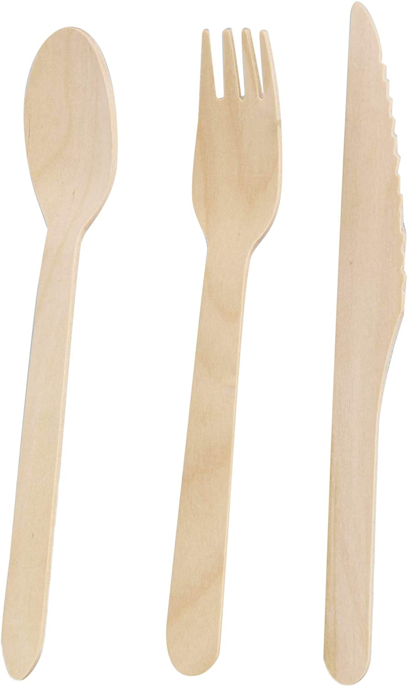 Spec101 Disposable Wooden Cutlery Set - 200pc Ecological Cutlery Combo Pack (100 Wooden Forks, 50 Spoons, 50 Knives)
