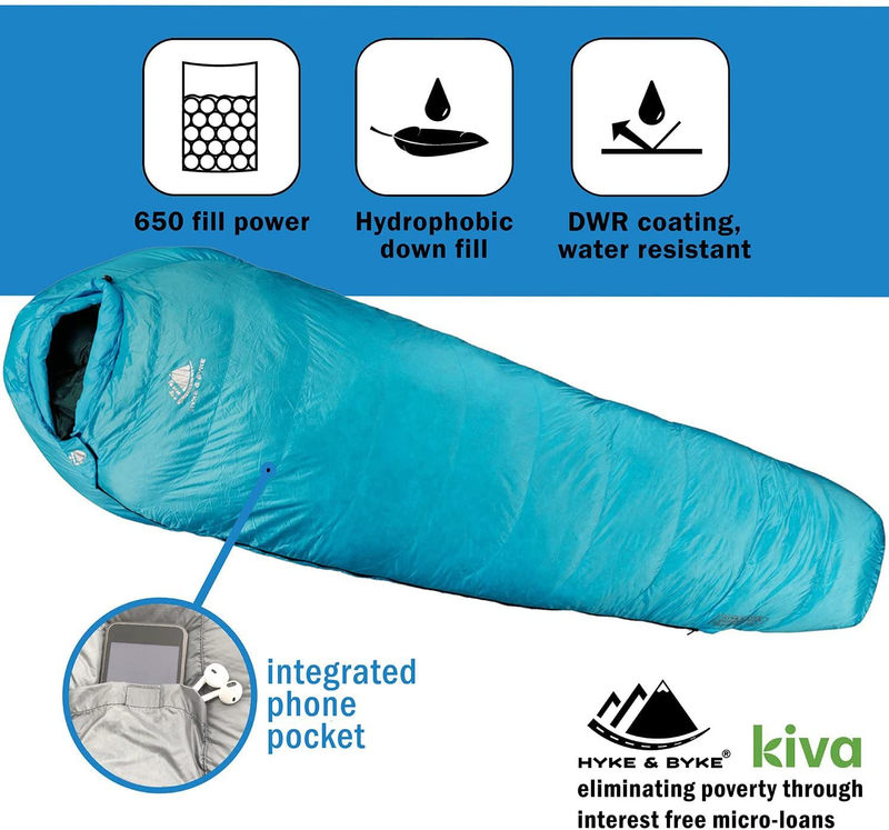 Hyke & Byke Quandary 650 Fill Power Duck down 15 Degree Backpacking Sleeping Bag for Adults Cold Weather Sleeping Bag - Synthetic Base - Ultra Lightweight 3 Season Camping Sleeping Bags for Kids Too
