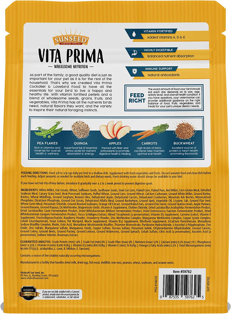 Sunseed Vita Prima Wholesome Nutrition Cockatiel & Lovebird Food, 3 LBS