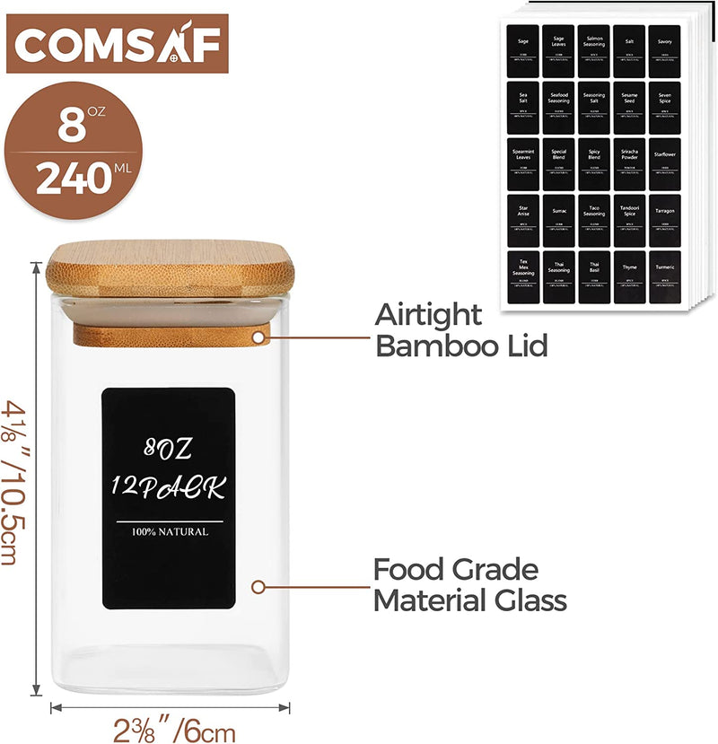 Comsaf 12Pcs Glass Spice Jars with Bamboo Lid, 8Oz Airtight Square Spice Containers with 275 Black Lables, Empty Seasoning Jars for Spice Salt Sugar
