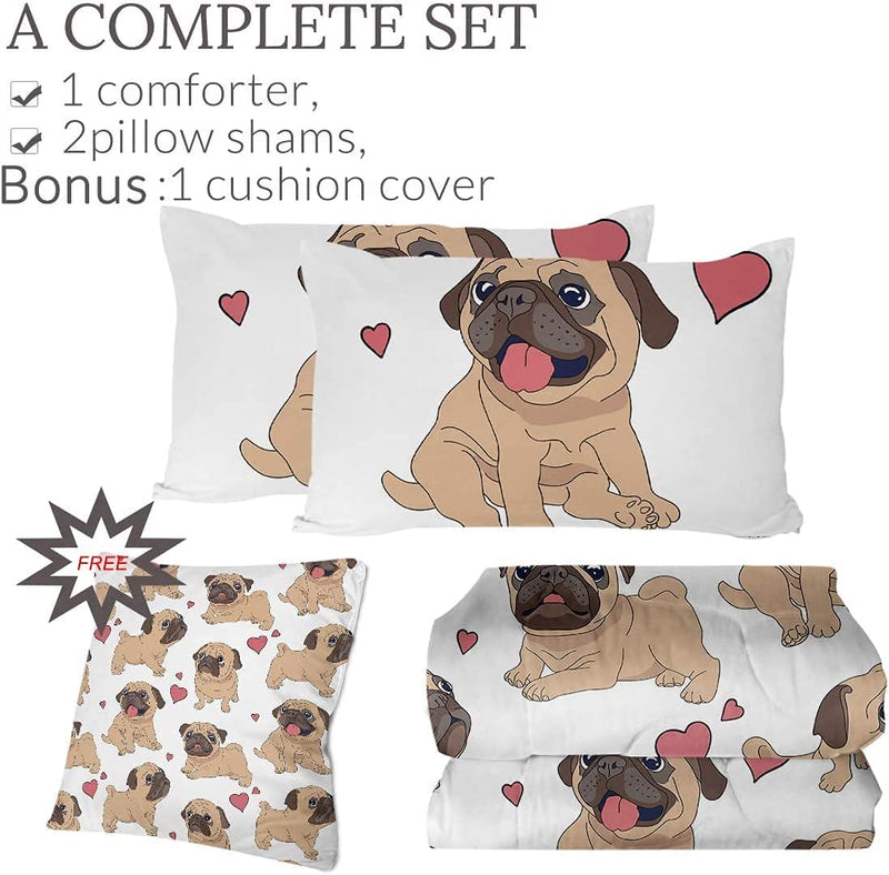Sleepwish Valentines Day Comforter Set Pug Pink Heart Quilt Set for Queen Bed 4 Piece Dogs Pattern Quilt Sets Cute Animals Bedding Sets with 2 Pillow Shams and 1 Cushion Cover Gifts for Women Him Her