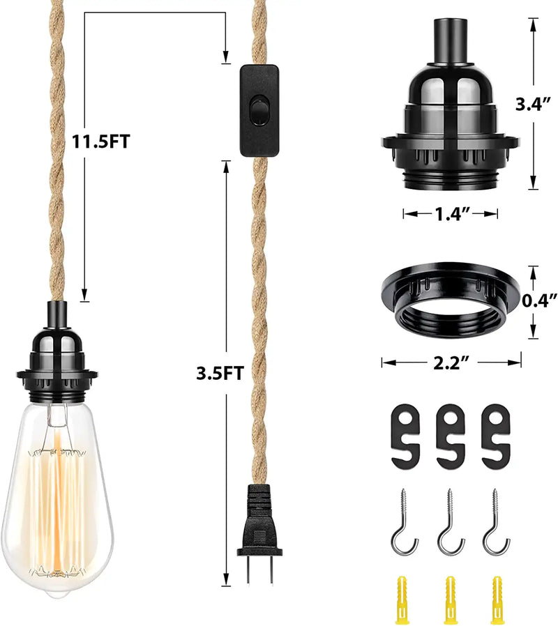 Plug in Hanging Light Fixture, 15FT Pendant Lamp Lights Cord with Switch Cord E26 Bulbs Socket, Industrial DIY Twisted Hemp Rope Overhead Lamps for Farmhouse Bedroom Home Lighting Decors