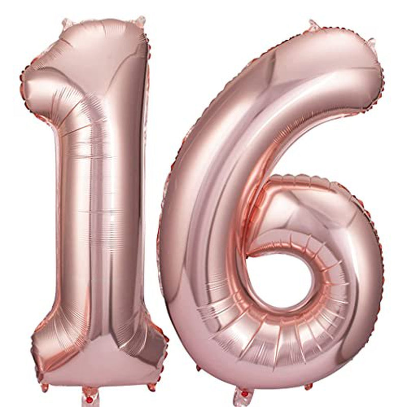 Rose Gold 16 Number Balloons Big Giant Jumbo Large Number 16 Foil Mylar Balloons for Girl Boy Men 16Th Birthday Party Supplies 16 Anniversary Events Decorations