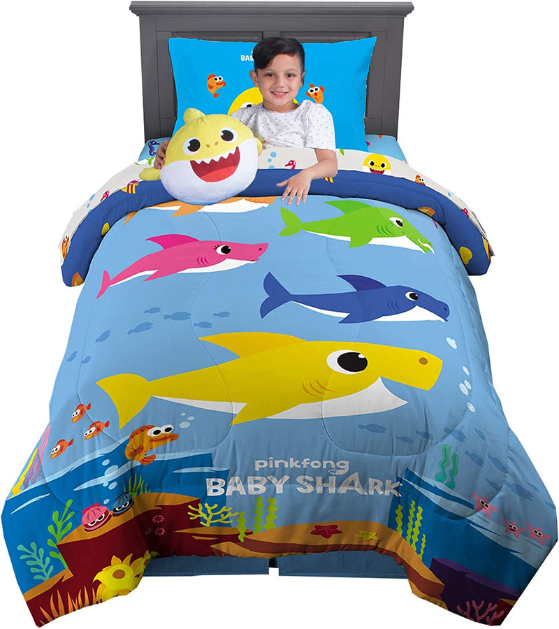 Franco Kids Bedding Comforter with Sheets and Cuddle Pillow Bedroom Set, (5 Piece) Twin Size, Baby Shark
