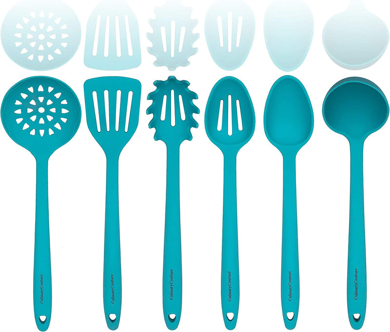 Culinary Couture Aqua Sky Silicone Cooking Utensils Set - Sturdy Steel Inner Core - Spatula, Mixing & Slotted Spoon, Ladle, Pasta Server, Drainer - Heat Resistant Kitchen Tools - Bonus Recipe Ebook