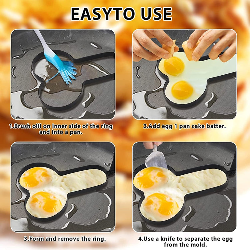 2-Pack Funny Egg Fryer, Egg Fryer, Funny Egg Pancake Cooking Tool with Foldable Handle, Professional Non-Stick Egg Ring with 1 Silicone Basting Brush, Foldable Handle to save Space