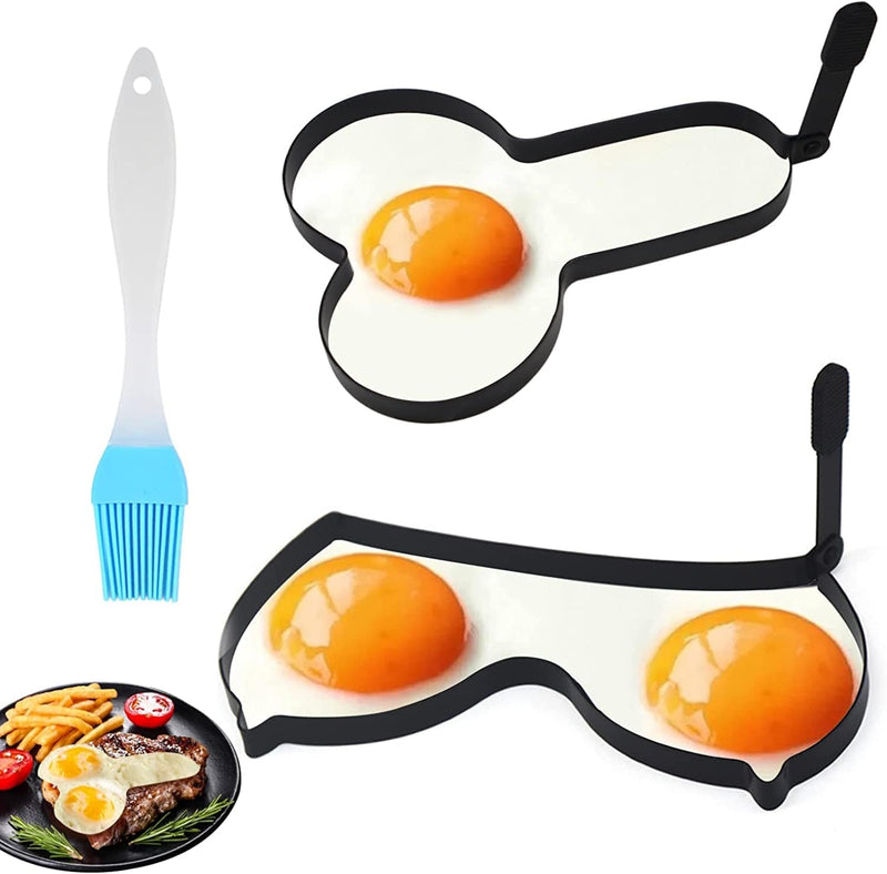 2-Pack Funny Egg Fryer, Egg Fryer, Funny Egg Pancake Cooking Tool with Foldable Handle, Professional Non-Stick Egg Ring with 1 Silicone Basting Brush, Foldable Handle to save Space