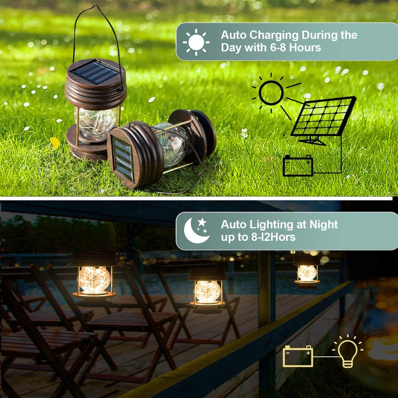 2 Pack Solar Lanterns Outdoor Waterproof Hanging Lights Decorative Solar Lantern Table Lamp Landscape Light Yard Garden Patio Warm White with Fairy LED Lights for Indoor Tabletop Desk