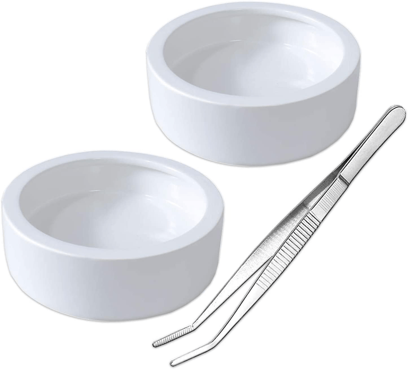 2 Pack Worm Dish Reptile Food Bowl Bearded Dragon Ceramic Bowl with Feeding Tongs (White-Large)
