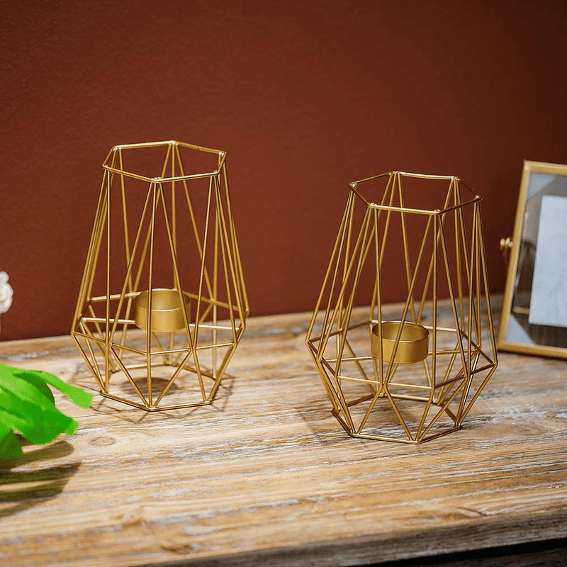 2 Pcs Metal Hexagon Shaped Geometric Design Tea Light Votive Candle Holders, Iron Hollow Tealight Candle Holders for Vintage Wedding Home Decoration, Gold (L + L)