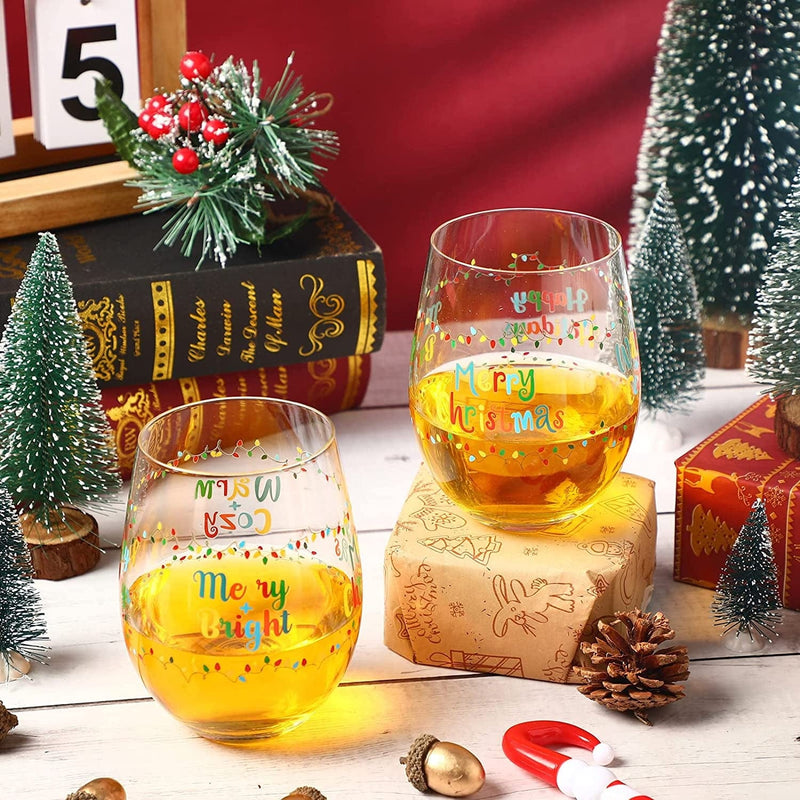 2 Pieces Christmas Stemless Wine Glass, 17 Oz Merry Christmas Happy Holiday Wine Glass Funny Mug Cup, Christmas New Year Gifts for Women Men Mom Dad Wife Husband