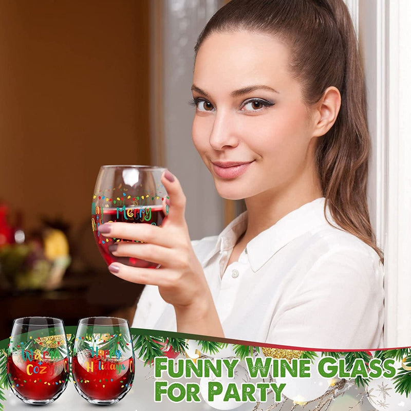 2 Pieces Christmas Stemless Wine Glass, 17 Oz Merry Christmas Happy Holiday Wine Glass Funny Mug Cup, Christmas New Year Gifts for Women Men Mom Dad Wife Husband