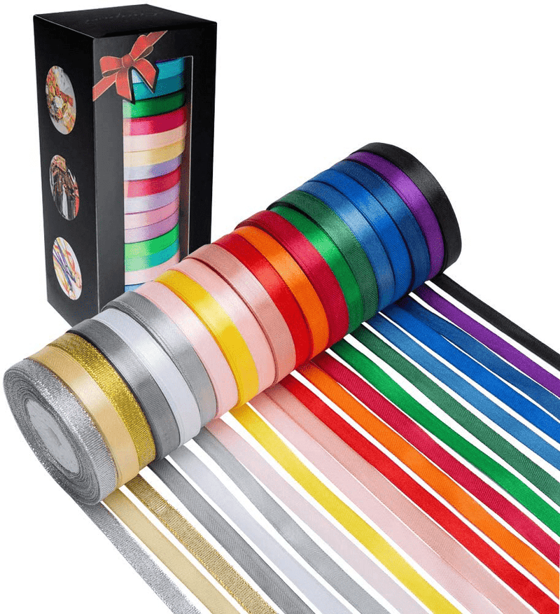 20 Colors 300 Yard Satin Ribbon -18 Silk Ribbon Rolls & 2 Glitter Metallic Ribbon Rolls, 2/5" Wide 15 Yard/Roll, Ribbons Perfect for Crafts, Hair Bows, Gift Wrapping, Wedding Party Decoration and More