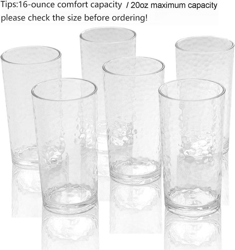 20-Ounce Acrylic Glasses Plastic Tumbler, Set of 6 Clear - Hammered Style, Dishwasher Safe, BPA Free