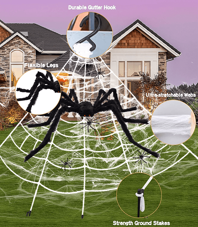200" Spider Web Halloween Decorations Outdoor Indoor + 59" Huge Big Large Giant Spider + Fake Spider Stretch Cobweb Triangular Haunted Cute Creepy Cheap Lawn Yard Home Costumes Party Scary House Decor