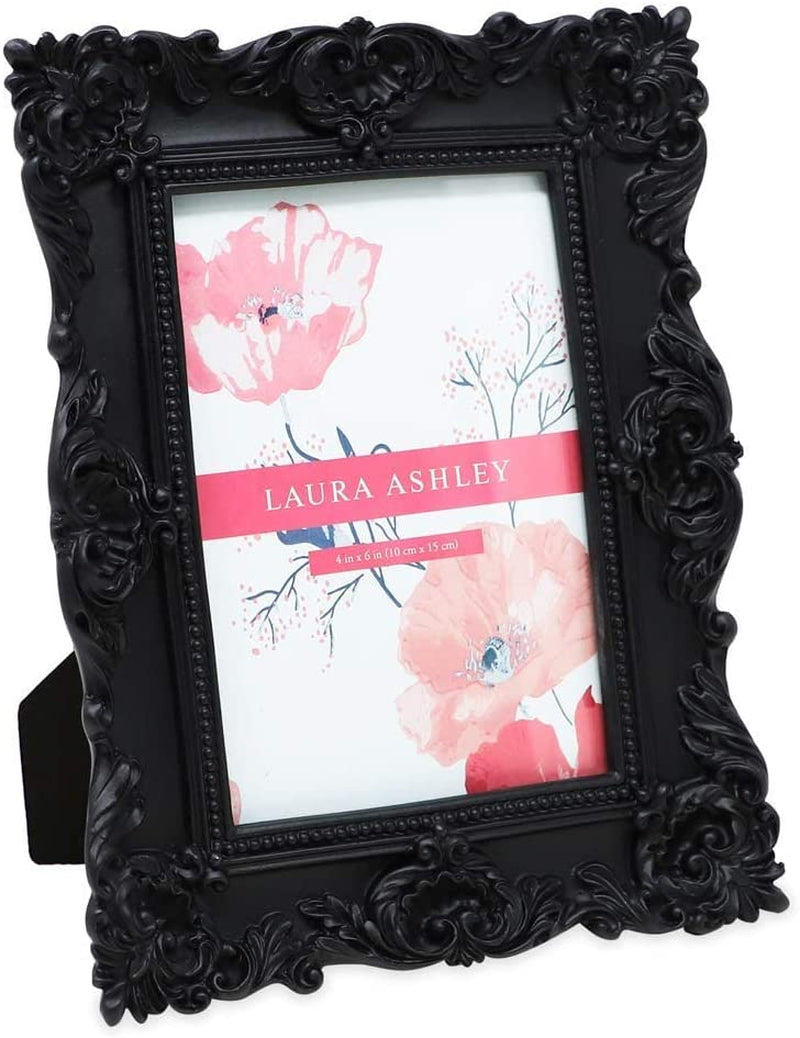 Laura Ashley 5X7 Black Ornate Textured Hand-Crafted Resin Picture Frame with Easel & Hook for Tabletop & Wall Display, Decorative Floral Design Home Décor, Photo Gallery, Art, More (5X7, Black)