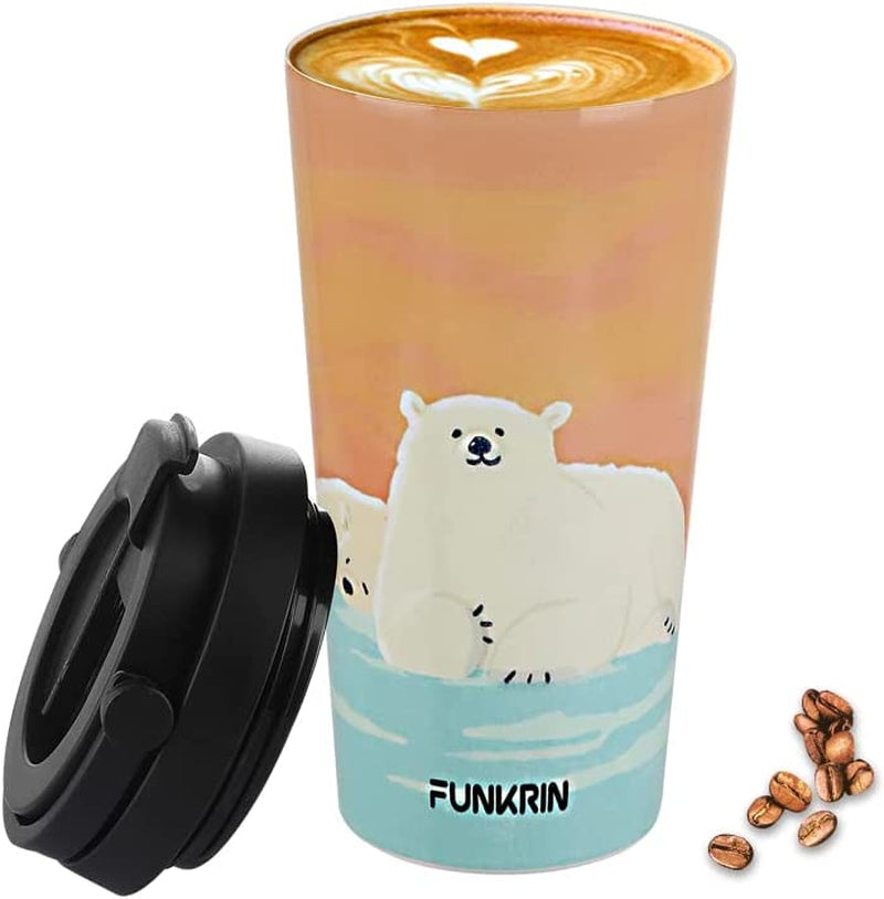 Funkrin Insulated Travel Coffee Mug with Ceramic Coating, Personalized Gifts for Men Women Kids, 16Oz Stainless Steel Tumbler with Flip Lid Portable Handle, Double Wall Leak-Proof Thermos Mug