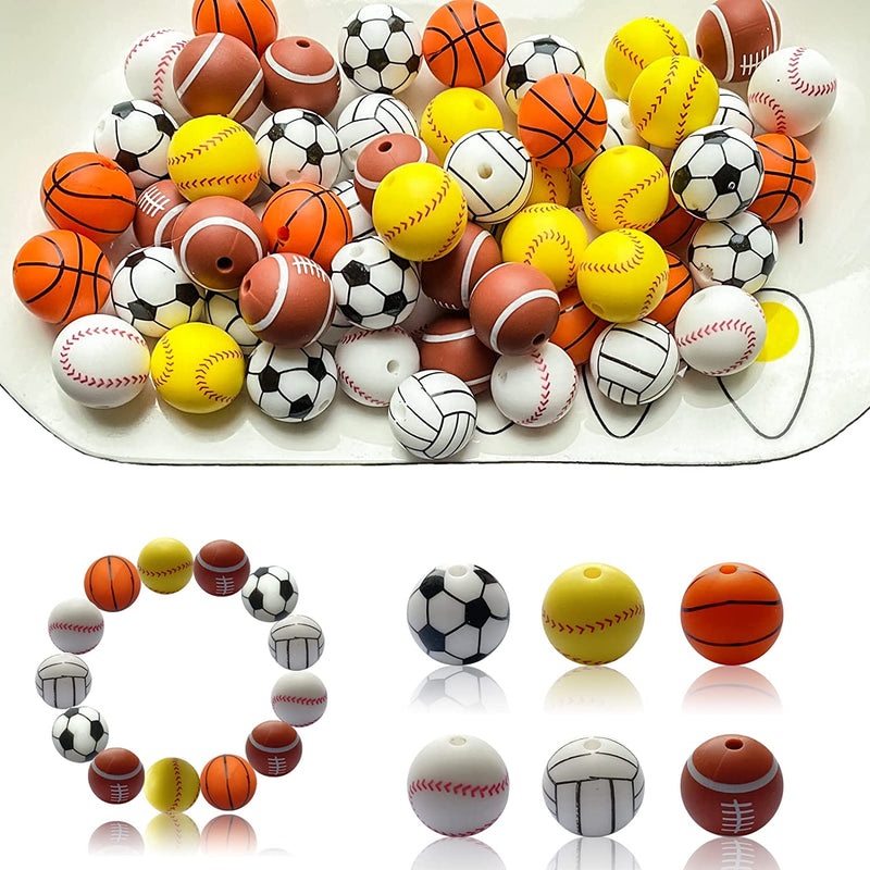 Sports Silicone Beads 15Mm Baseball Softball Football round Silicone Beads Soccer Basketball Volleyball Silicone Accessory Kit for Keychain Making Bracelet Necklace Handmade Crafts-60Pcs
