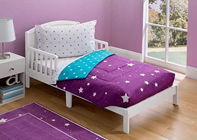 Delta Children 4 Piece Toddler Bedding Set for Girls - Reversible 2-In-1 Comforter - Includes Fitted Comforter to Keep Little Ones Snug, Bottom Sheet, Top Sheet, Pillow Case - Purple Stars Night