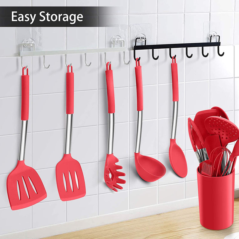 LIANYU 15-Piece Cooking Kitchen Utensils Set with Holder, Silicone Kitchen Tools Stainless Steel Handle, Slotted Spatula Spoon Turner Tong Whisk Brush for Cooking, Red