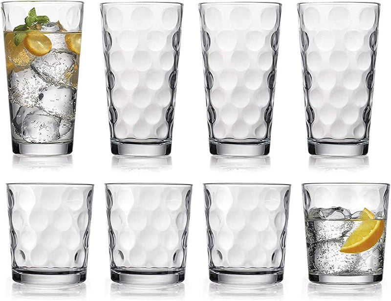 Glassware Drinking Glasses Set of 8 by Home Essentials & beyond 4 Highball (17 Oz.) Kitchen Glasses | 4 (13 Oz.) Rocks Glass Cups for Water, Juice and Cocktails.