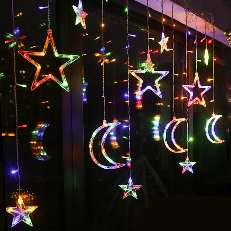 138 Leds Curtain Lights, 11.5FT Christmas Moon Star Window Fairy String Lights,Usb and Battery Powered for Indoor Window, Kid Bedroom, Patio, Front Porch, Camping, Guest Room Decoration, Multicolor