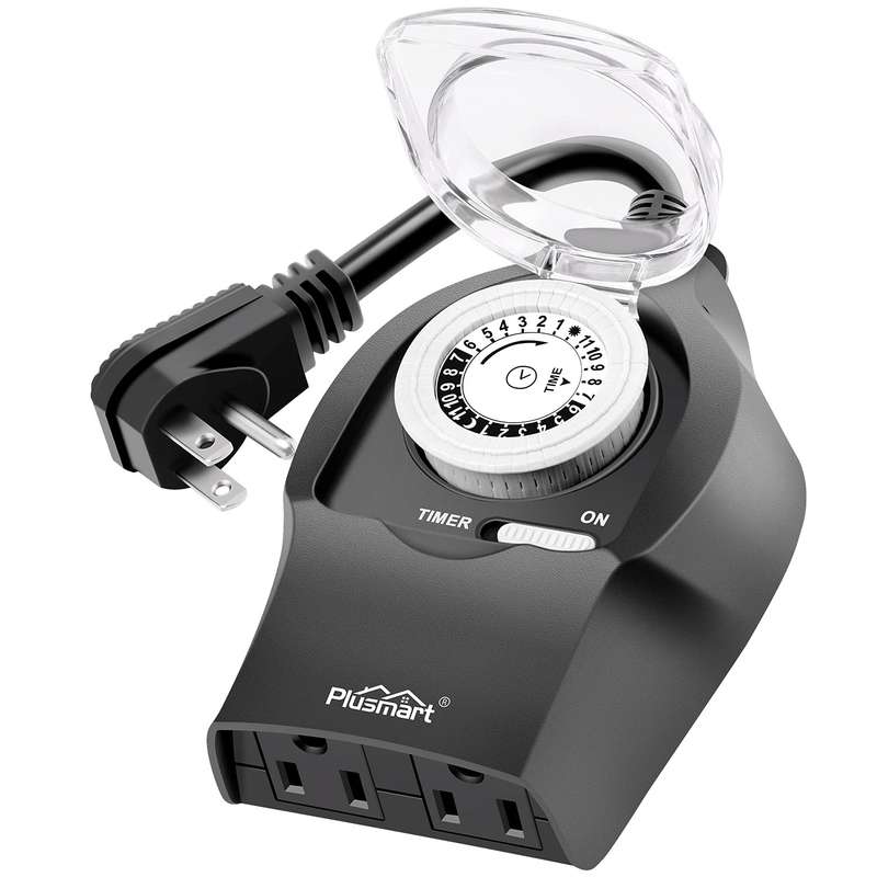 24 Hour Outdoor Outlet Timer, Plusmart Lights Timer Waterproof, Heavy Duty Plug in Mechanical Timer with 2 Grounded Outlet, 15A 1/2HP
