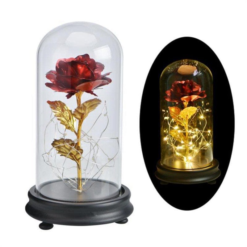 24K Gold Plating Rose Flower in a Glass Dome with LED Light String Women Girls Birthday Valentine'S Day Mother'S Day Christmas Holiday Gift