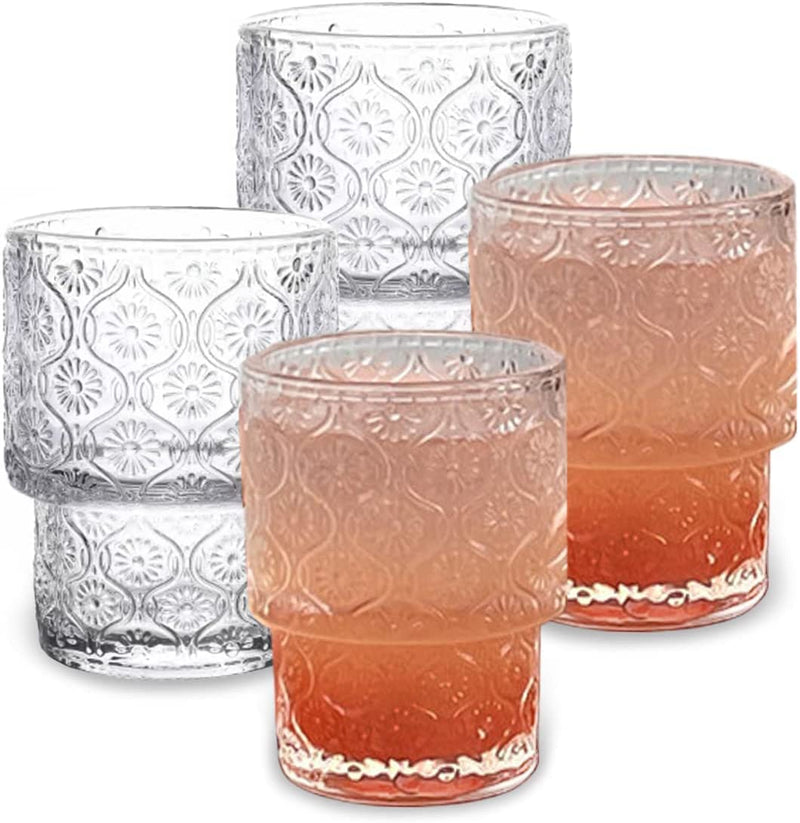 Glass Cups Vintage Glassware | Set of 4 Small, Embossed Stackable Pattern Style Transparent Cocktail Glasses Set, Ice Coffee Cup Juice Drinkware, Clear, 190Ml (S)