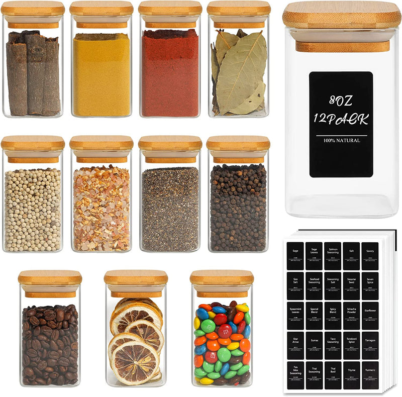 Comsaf 12Pcs Glass Spice Jars with Bamboo Lid, 8Oz Airtight Square Spice Containers with 275 Black Lables, Empty Seasoning Jars for Spice Salt Sugar
