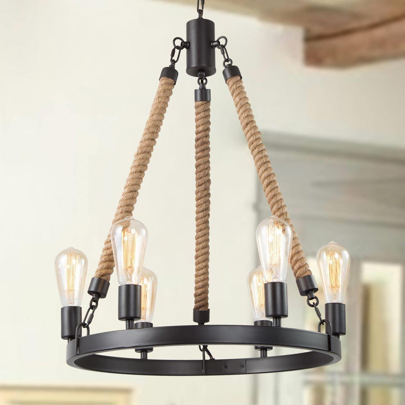 LNC Farmhouse Chandeliers Rustic round Wagon Wheel 6-Light Fixture with Rope for Dining & Living Room, Bedroom and Foyer